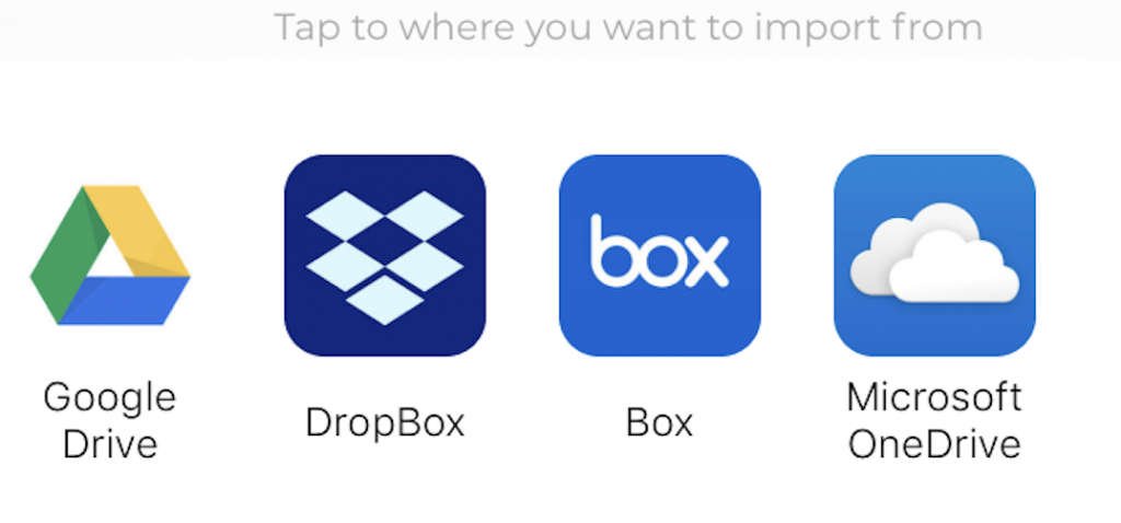 Google Drive, Dropbox, Box, and Microsoft OneDrive iPad apps displayed.