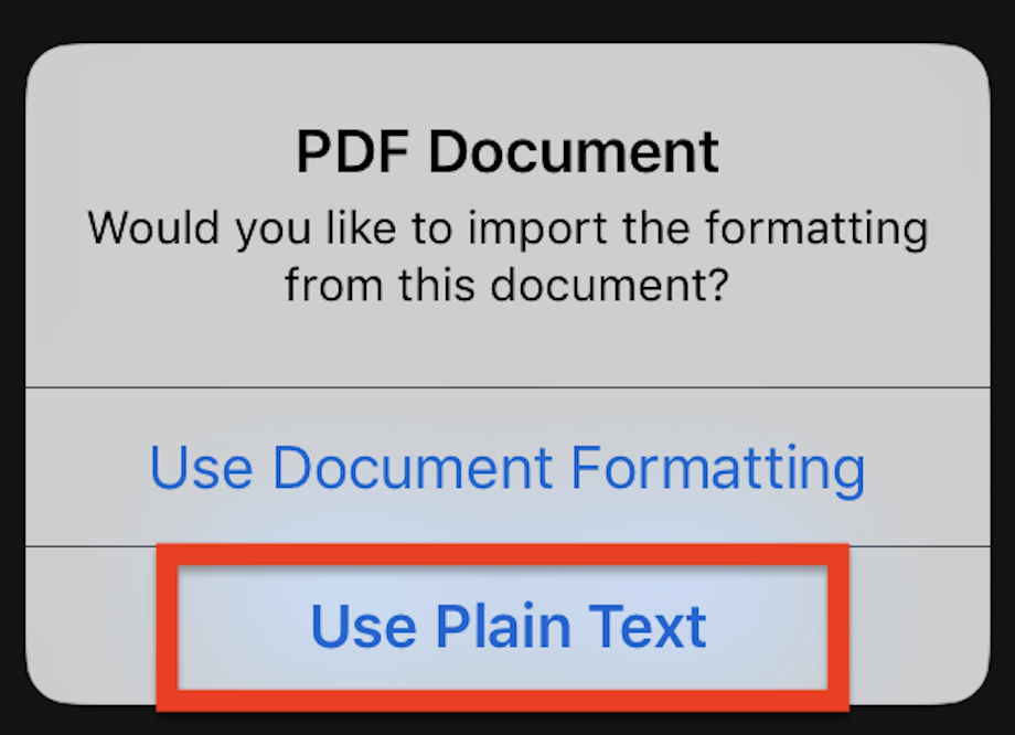 Screenshot of PDF Document prompt with Use Plain Text circled in red.