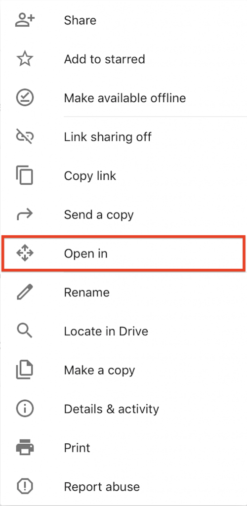 List of options with the option "Open in" circled in red